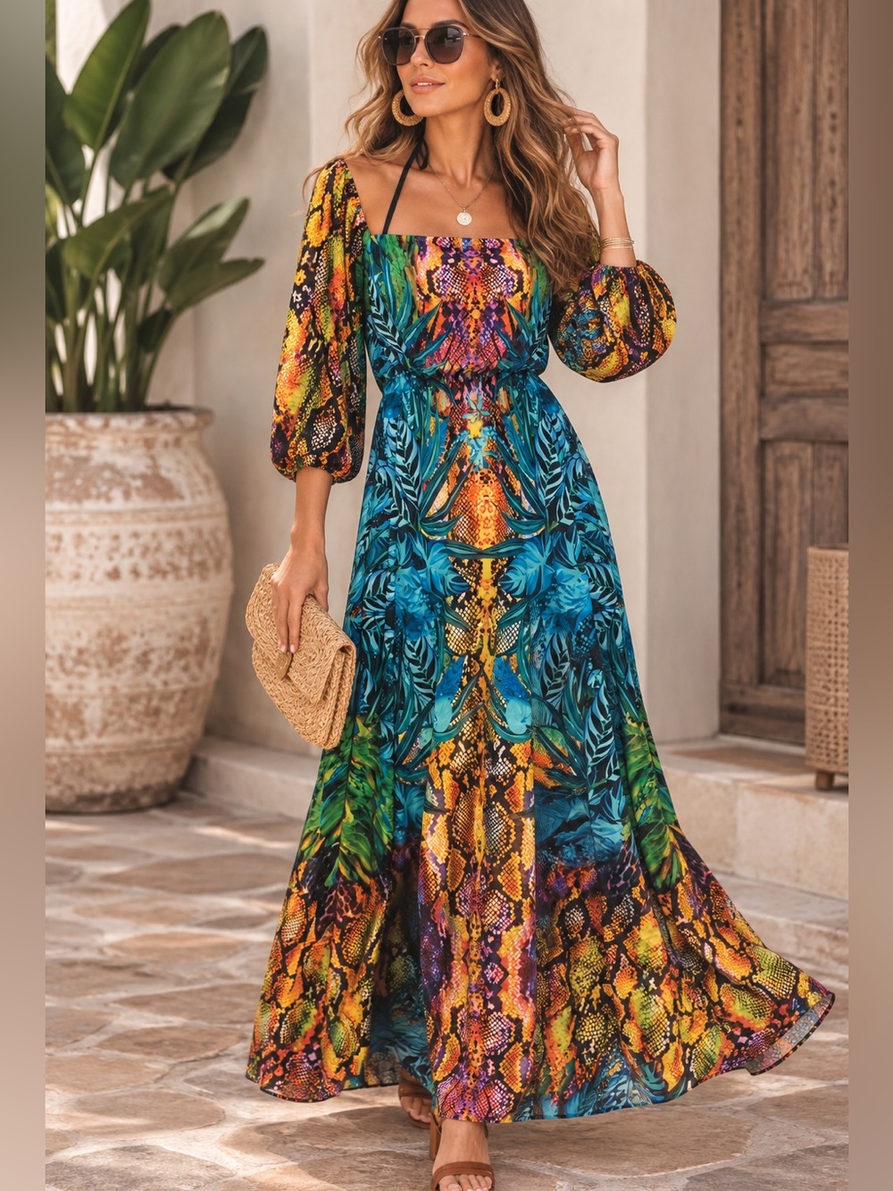 NWOT VENUS Tropical Snakeskin Off Shoulder Boho Maxi Dress